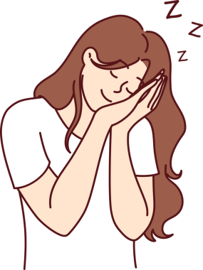 Ayakta uyuyan ve gülümseyen bir kadın. Aşırı çalışma ve tembellik yüzünden dinlenmeye ihtiyacı var.