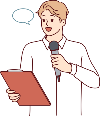 Etkinlikler sunucusu elinde mikrofon ve pano okuyarak düğün davetlilerine kadeh kaldırıyor.