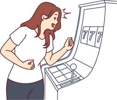 Mutlu kadın kumar makinelerinde oynar ve Las Vegas kumarhanesinde ikramiyeyi kazandıktan sonra sevinir.