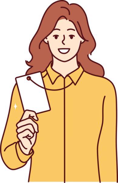 Başarılı kadın ofis çalışanı boynundaki rozet ya da kimlik kartını gösteriyor.