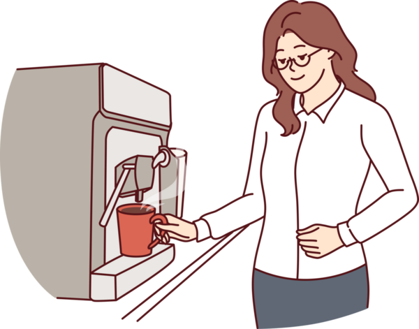 İş kadını öğle arasında kahve makinesinden fincana kahve dolduruyor.