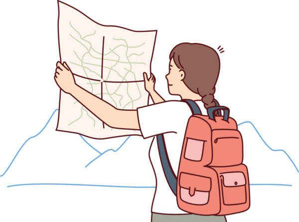 Kadın turist, dağlık bölgede yürüyüş yaparken haritaya bakıyor ve vahşi bölgeye yolculuk için rota seçiyor.