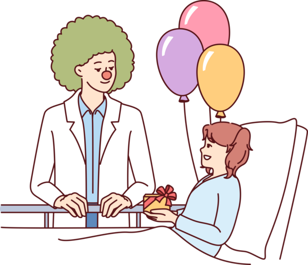 Palyaço doktor hastanede yatan ve desteğe ve olumlu duygulara ihtiyacı olan çocuğa hediye veriyor.