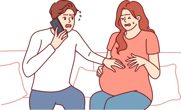 Hamile kadının yanında endişeli bir koca, doktoru ya da 911 'i arayarak karısının doğumunu ya da evliliğini bildirmiş.