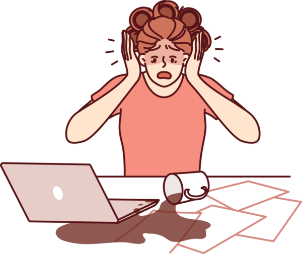 Beceriksiz iş kadını bilgisayarına kahve döktü ve masaüstündeki yorgunluk ya da kaos nedeniyle dökülen belgeler...