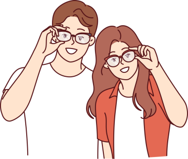 Gözlüklü kadın ve erkek görüşü geliştirmek ve düzeltmek için sıradan kıyafetler giyin.