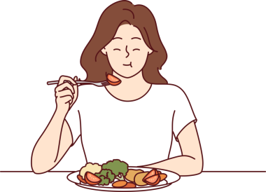 Kadın iştah açıcı taze sebze salatası yer ve gözlerini kapatır. Lezzetli ve sağlıklı diyetin tadını çıkarır.