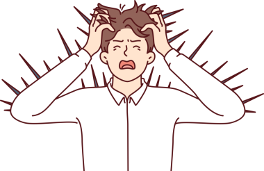 Vücudundan dikenler sarkan kızgın bir adam bağırır ve derisi tahriş olmuş bir şekilde başını tutar.