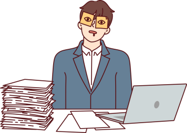 Ofis çalışanı masasında oturuyor ve gözlerinde yapışkan çıkartmalarla işyerinde uyuyor.