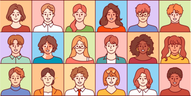 Çeşitli gençlerin, öğrencilerin, farklı ırkların ve ulusların portreleri.