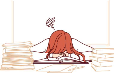 Kadın öğretmen öğrenci kitapları ve çalışma kitapları arasında uyuyor ve aşırı çalışma nedeniyle dinlenmeye ihtiyacı var.