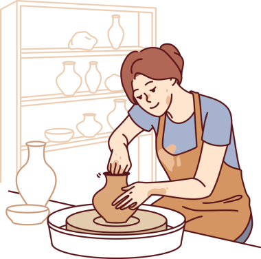 Kadın çömlek atölyesinde oturuyor ve el yapımı hediyelik eşya satmak için kilden sürahi heykeller yapıyor.