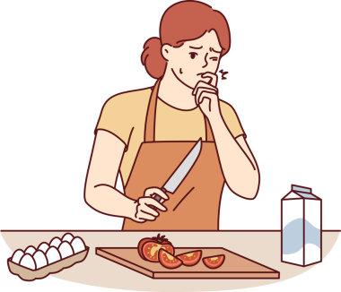 Kadın ev hanımı yemek pişiriyor, parmağını kesiyor ve mutfakta durup kanamasını durdurmaya çalışıyor.