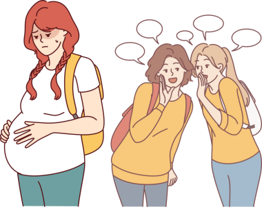 Zorbalığın kurbanı hamile genç bir kadın sırt çantalı yargılayıcı sınıf arkadaşlarının yanında duruyor. Hamile bir liseli kızın çocuk psikoloğundan yardım alması ya da evde eğitim alması gerekir..