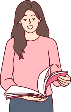 Kadın elinde dergiyle durur ve moda eğilimlerini öğrenmek için sayfaları karıştırır. Kız haftalık magazin ya da magazin okuyor ve şov dünyasının yıldızlarının hayatları hakkında sarı haberler veriyor.