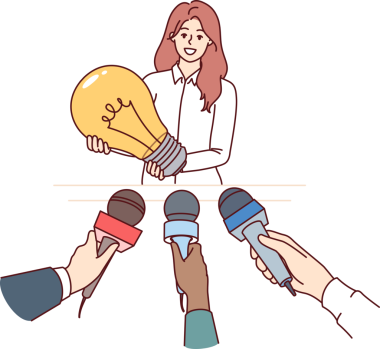 Kadın mucit, elinde mikrofon tutan bir gazeteci tarafından röportaj veriyor ve başlangıç için yeni bir fikri sembolize eden ampulü gösteriyor. Kız mucit dünyayı daha iyi bir yer haline getirmekten bahsediyor.