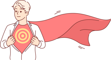 Süper kahraman pelerinli bir iş adamı gömleğinin düğmelerini açıyor ve hedefini gösteriyor. Hedefleri, finansal başarı hırsı ve arzusunu simgeliyor. Süper kahraman kostümlü müdür başı dertte olan şirket çalışanlarına yardım etmek için acele ediyor..