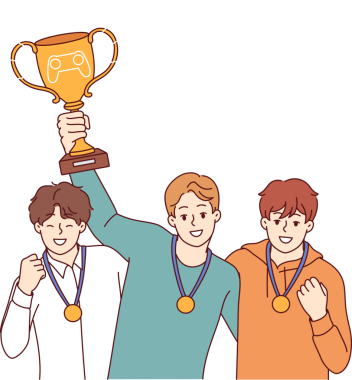 Esport turnuvasını kazandıkları için kupa kazanan oyuncular zaferi kutluyor ve altın madalya alıyorlar. Sanal yarışmalarda birinci olan gençlerin ellerinde ihracat başarısı ödülü