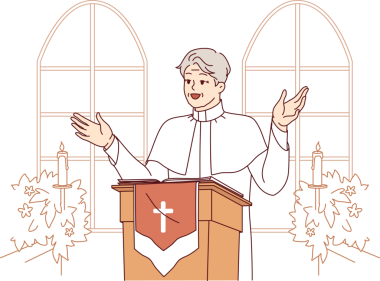 Gülümseyen rahip Katolik kilisesinde vaaz veriyor, kürsünün arkasında beyaz cübbe giymiş haçla dikiliyor. Gri saçlı rahip, tapınağın rektörü, ziyaretçileri cennete gitmeye teşvik eder.