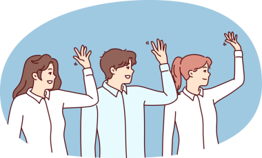 Ofis elbiselerindeki neşeli kadın ve erkek sıralarda durup selam veriyor. Vektör resmi