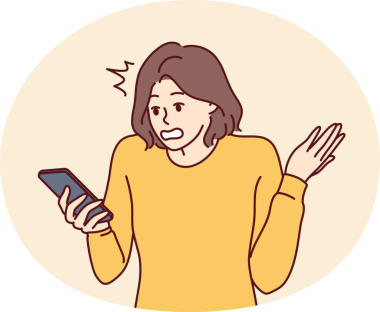 Kafası karışmış bir kadın telefonu tutuyor ve bankadan hoş olmayan mesajlar okuyor. Vektör resmi