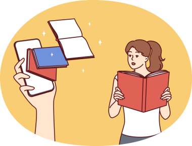 Ders kitabına sahip şaşırmış bir kadın ekranında kitaplarla telefonu olan dev bir el görüyor. Vektör resmi