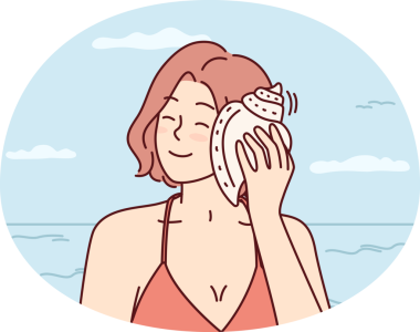 Mutlu kadın deniz sesini dinler kabuğunu kulaklarına koyar ve gözlerini kapatır. Vektör resmi