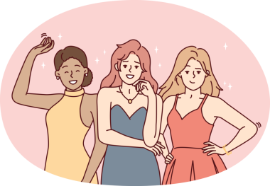 Akşam elbiseli kadınlar şenlik öncesi poz verirler ya da şirket çalışanları için parti verirler. Vektör resmi