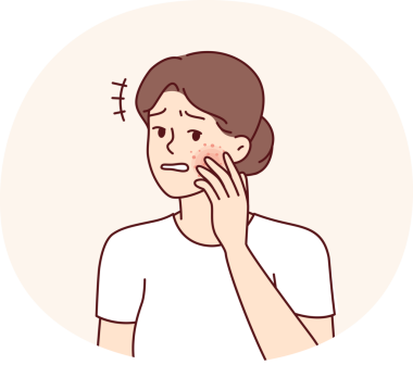 Mutsuz kadın, yüzündeki alerji yüzünden kızarıklığı gördükten sonra korkar. Vektör resmi