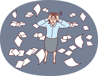 Dağınık iş belgelerinin arasında dikilirken cesaretini kaybetmiş bir kadın. Vektör resmi