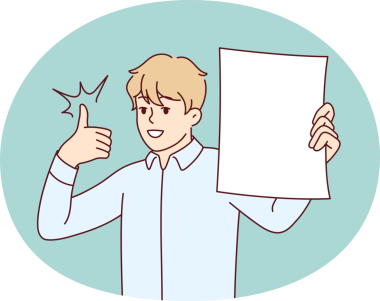 Adam beyaz kağıt gösteriyor ve serin yatırım teklifini önermek için parmağını kaldırıyor. Vektör resmi