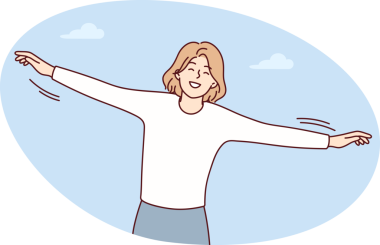 Özgür kadın gökyüzünün arka planında duruyor bulutlar kuşun uçuşunu resmediyor. Vektör resmi