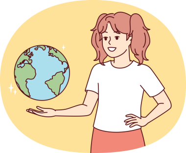 Dünya coğrafyası ve dünya seyahati hayali kuran genç bir kız. Vektör resmi