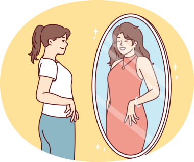 Gündelik giysiler içindeki kadın aynaya bakar ve gece elbisesi giyen kızı görür. Vektör resmi