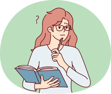 Şaşkın kız öğrenci tişörtü sınavlara hazırlanmak için kitapla duruyor. Vektör resmi