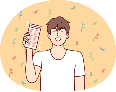 Takvimi ya da programı olan mutlu bir adam konfeti düşerken gülümsüyor. Vektör resmi