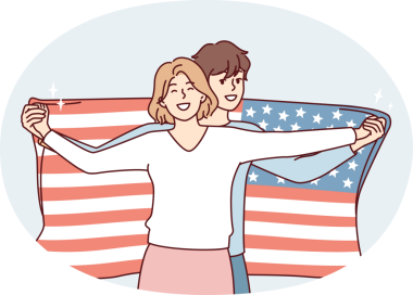 Amerikan bayrağıyla poz veren dost canlısı bir çift vatanseverlik örneği gösteriyor. Vektör resmi