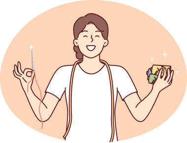 Kadın terzi, elbise dikmek için elinde keskin bir iğne ve iplik tutuyor. Vektör resmi