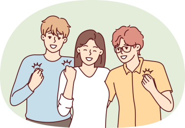 Yüzlerinde gülümseme olan bir kız ve iki erkek, kazanan bir jest yaparak yaklaşan tatili kutluyorlar. Vektör resmi