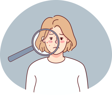 Yüzünde sivilce olan mutsuz bir kadın.