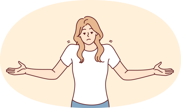 Kararsız bir kadın sorulan soruya doğru cevap vermediğini göstermek için ellerini kaldırır. Vektör resmi