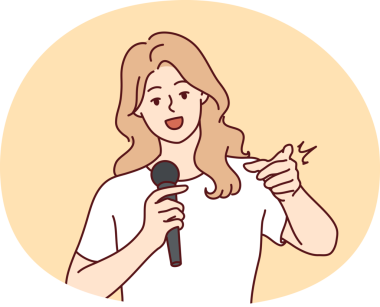 Mikrofonu olan kadın izleyicilerle iletişim kuruyor