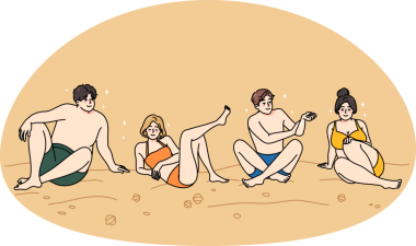 Yazın plajda bir grup insan, vektör illüstrasyonu