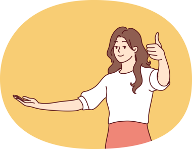 İyimser bir kadın gündelik kıyafetleriyle iyi bir seçimi onaylıyor ya da bir şey öneriyor. Kız yan yana uzanıyor ürününüzü göstermek için boş avuç kaldırıyor..