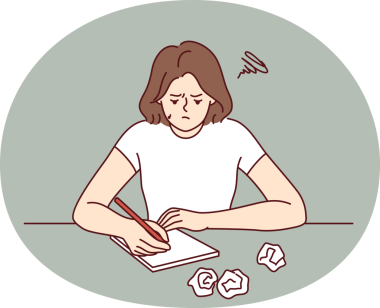 Buruşmuş kağıtlarla masada oturan stresli kız üniversite başvurusu için kompozisyon yazıyor. Roman yazan depresif kadın yazar, kurgu hikayesi için ilham ve fikirlerden yoksundur..