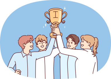 Sıkı sıkıya bağlı ofis çalışanları, en iyi satış sonuçlarına sevinerek altın kupayı kafalarının üzerine kaldırıyorlar. En iyi başlangıç yarışmasını kazandıktan sonra erkekler ve kadınlar birincilik ödülünü aldılar