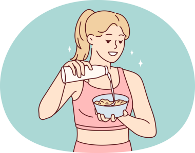 İnce bir kadın sağlıklı kahvaltı hazırlıyor. Sabah spordan sonra tabağa süt ekliyor. Koşu kıyafetleri içinde güzel bir kız protein diyeti için lezzetli bir öğle yemeği yapar..