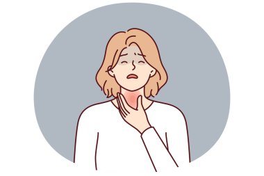 Kadının tiroid ağrısı hipotiroidizm ya da endokrin sistemi kanseriyle ilişkilendiriliyor ve elini kırmızı boynuna koyuyor. Tedavi, terapi veya ameliyat gerektiren tiroid hastalığı