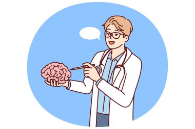 Doktor, tıp fakültesi ya da üniversite öğrencilerine nöronların çalışmalarını açıklayan beyni elinde tutuyor. Alzheimer hastalığını veya bunamayı tedavi etmek için insan beyni üzerinde çalışma kavramı