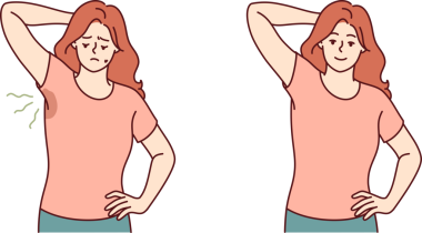 Terli koltukaltı olan kadın deodorant sayesinde koku ve giysilerdeki lekeler kaybolduğu için seviniyor. Aşırı terleme için kullanılan ilaçlar yüzünden terli koltuk altı sorunu ortadan kalktı.